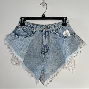 Lace Insert Distressed Jean Shorts
